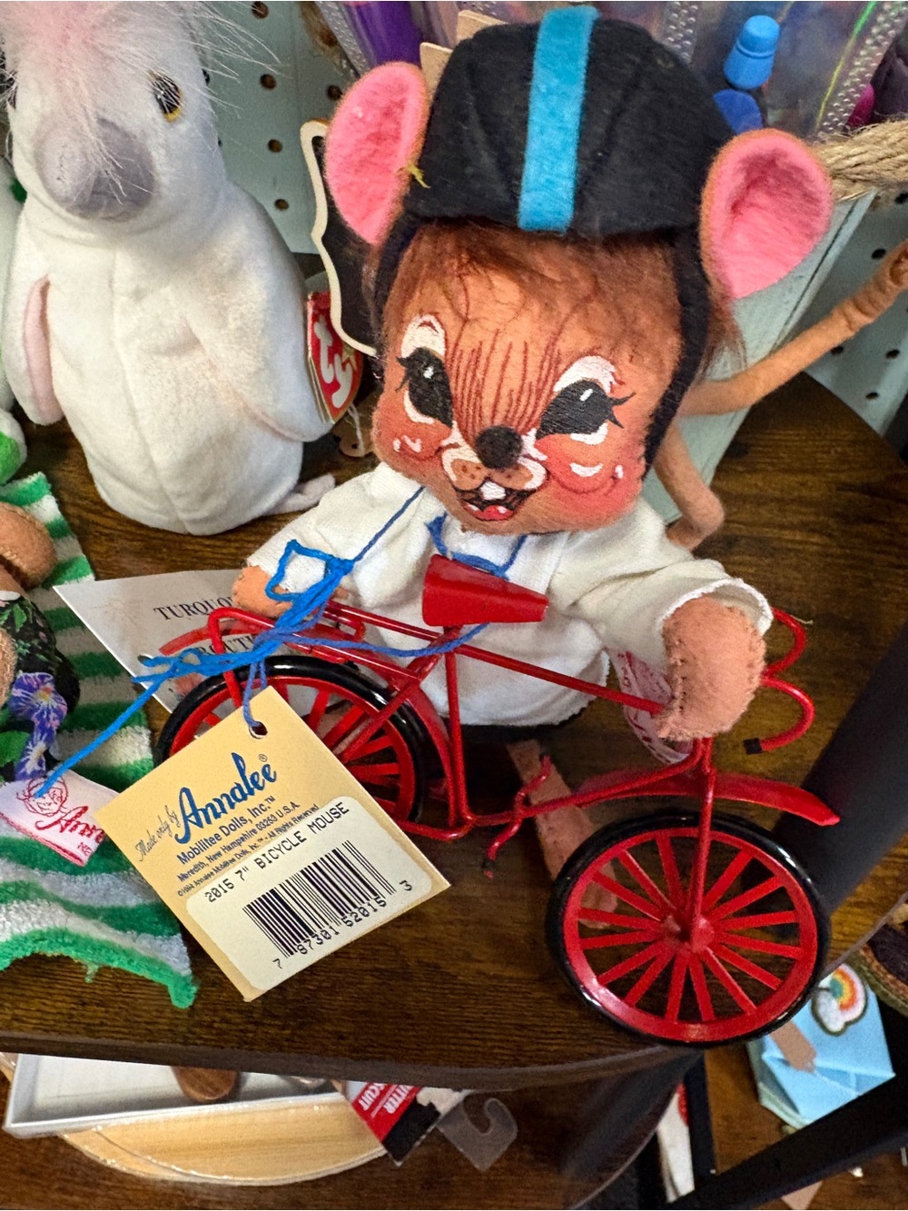 Annalee Brown Mouse on Red Bicycle with Pink Ears and Blue Helmet Stripe